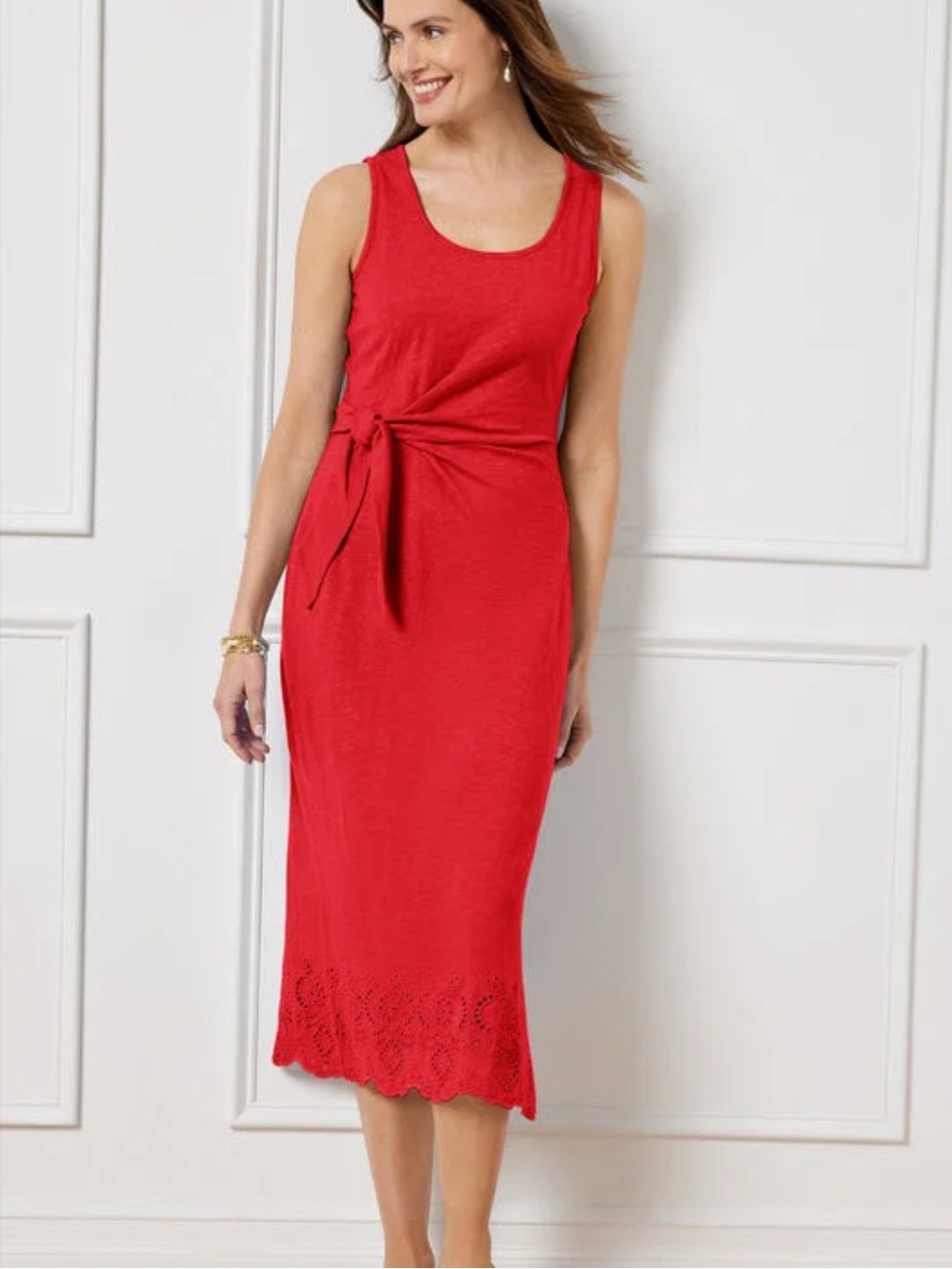 NEW Talbots Nantucket Slub Dress Sleeveless Side Tie Midi Red Medium Petite